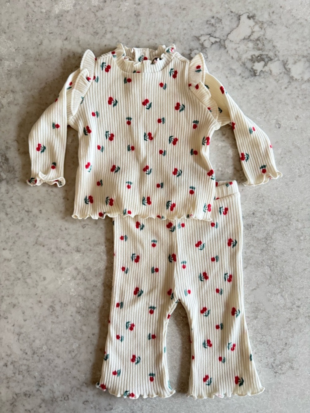 Old Navy | Cream Ribbed Two-Piece Set with Red Cherry Print